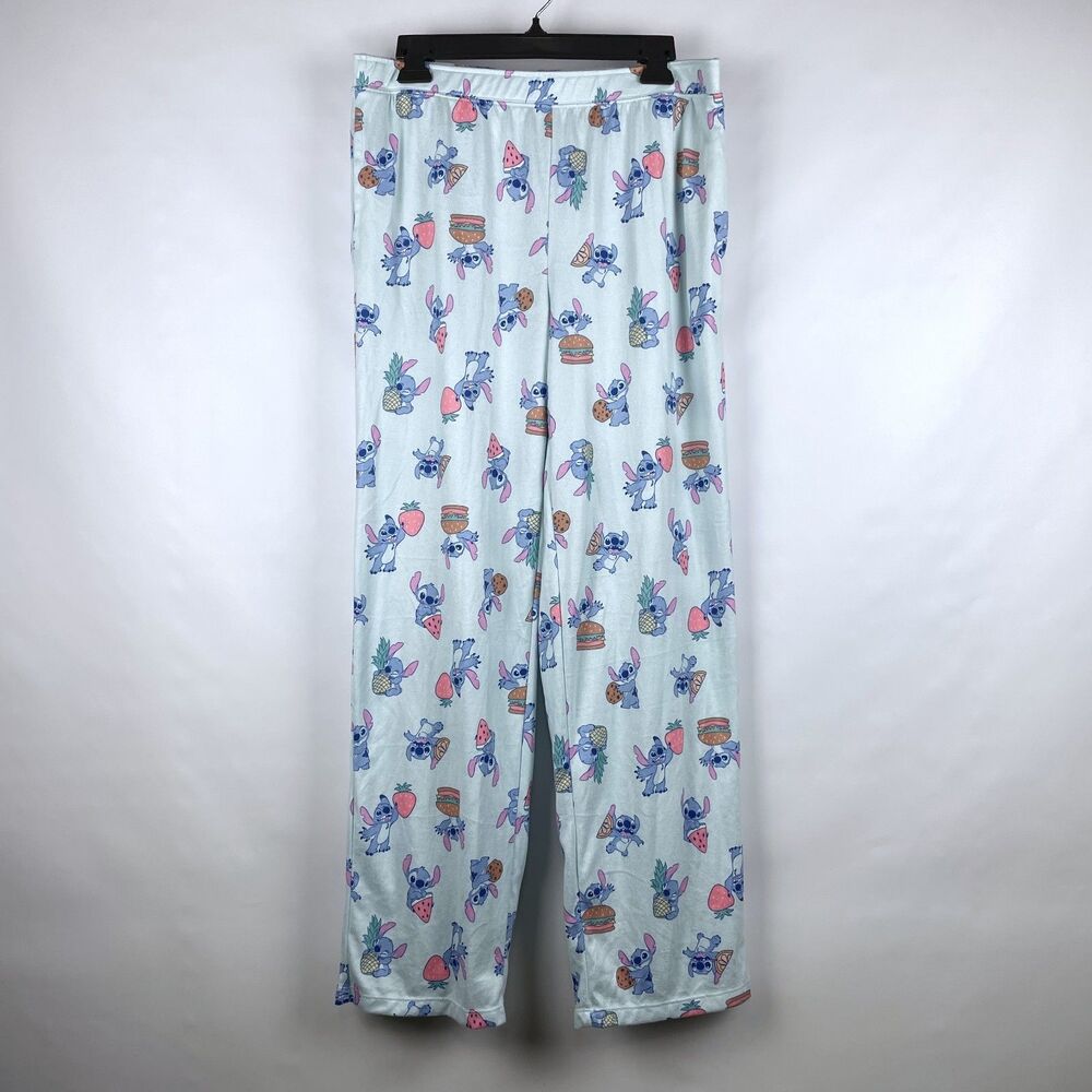 Disney Stitch Women's Medium M Light Blue Pajama Pants All Over Print Food